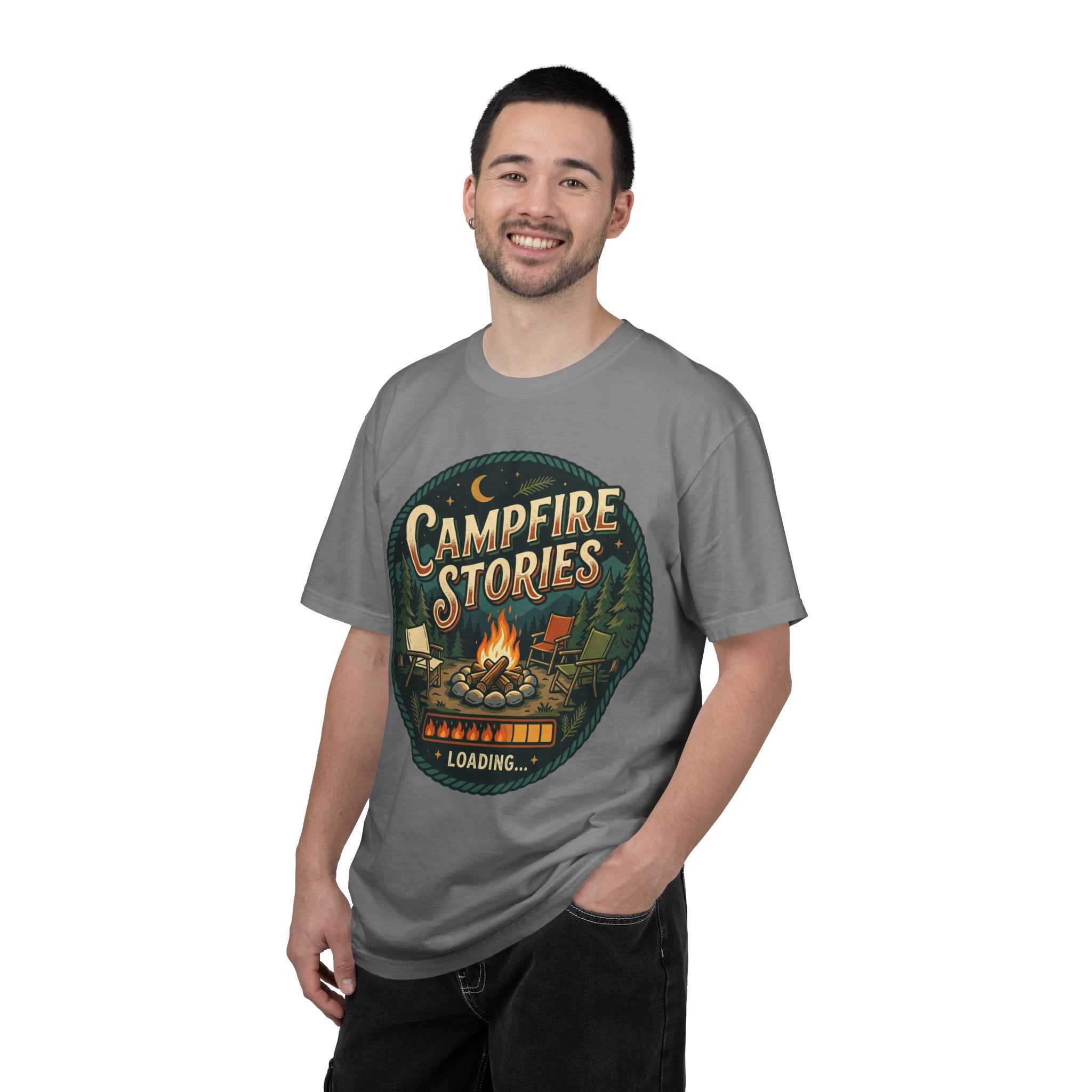 Campfire Stories T-Shirt — Vintage Camping Graphic Tee ("Campfire Stories" Loading)
