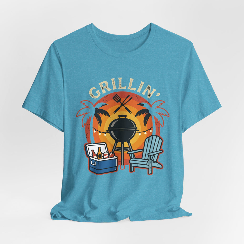 Grillin' Beach Sunset T-Shirt — BBQ Grill, Cooler & Relaxing Palm Design