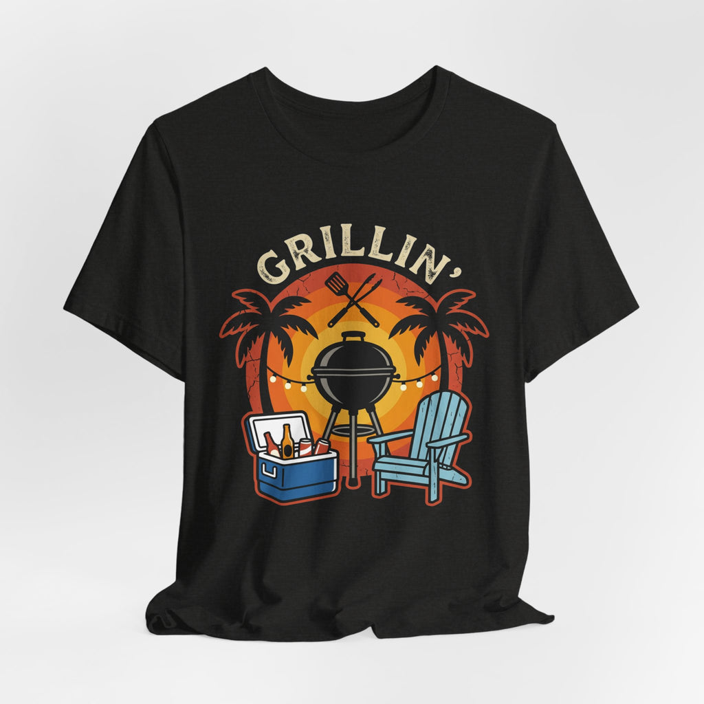 Grillin' Beach Sunset T-Shirt — BBQ Grill, Cooler & Relaxing Palm Design