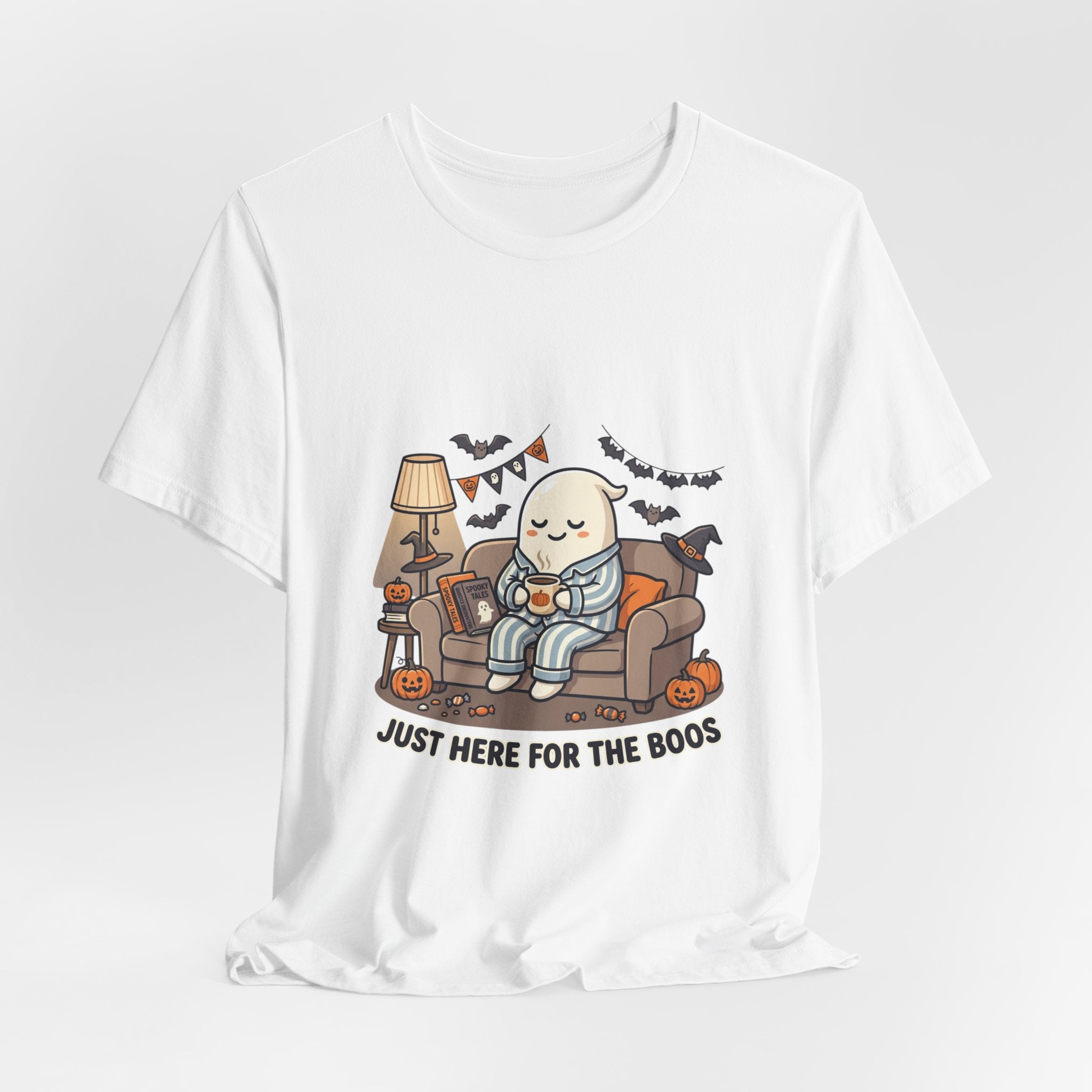 Halloween Ghost Tee — "Just Here for the Boos" Cute Spooky Graphic Shirt