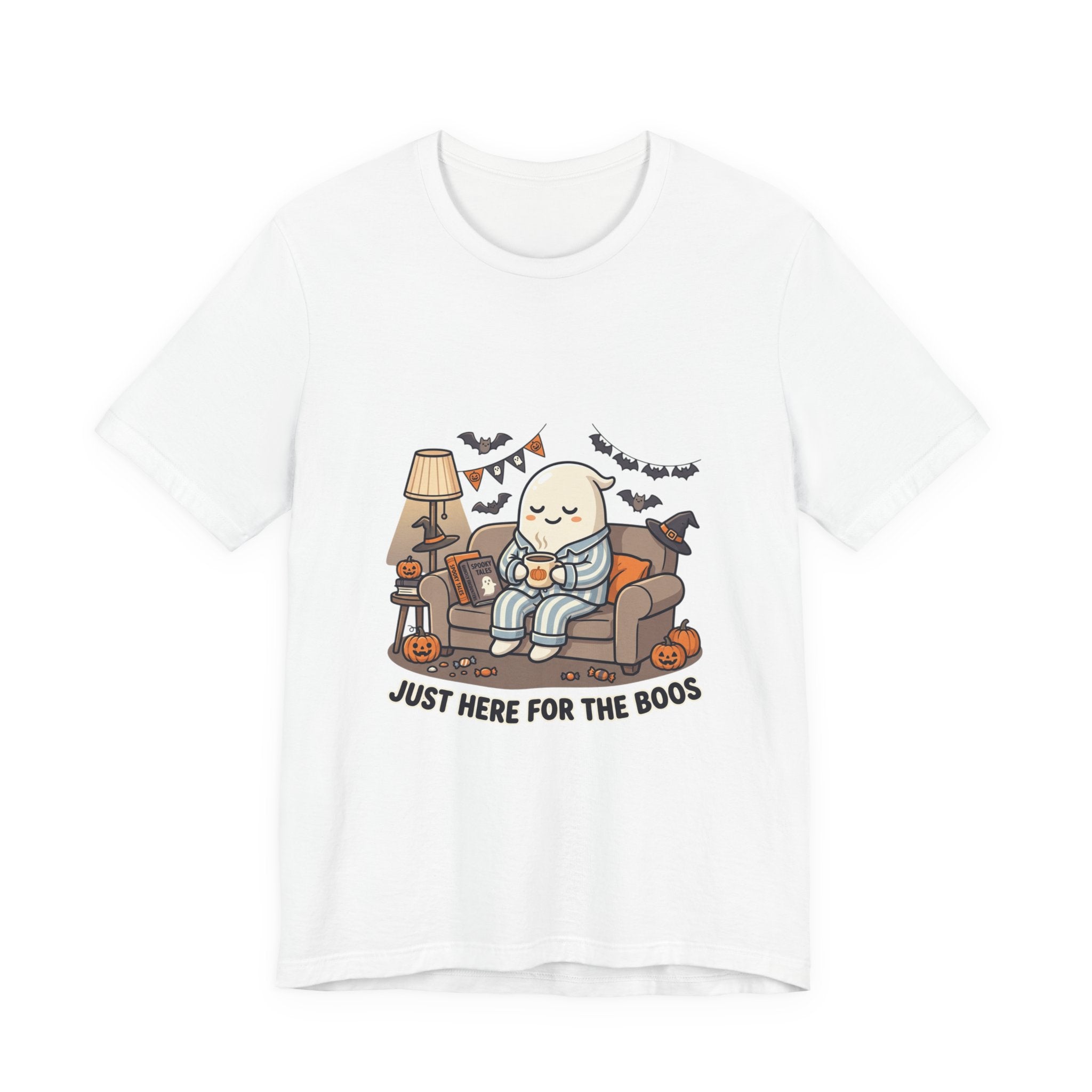 Halloween Ghost Tee — "Just Here for the Boos" Cute Spooky Graphic Shirt