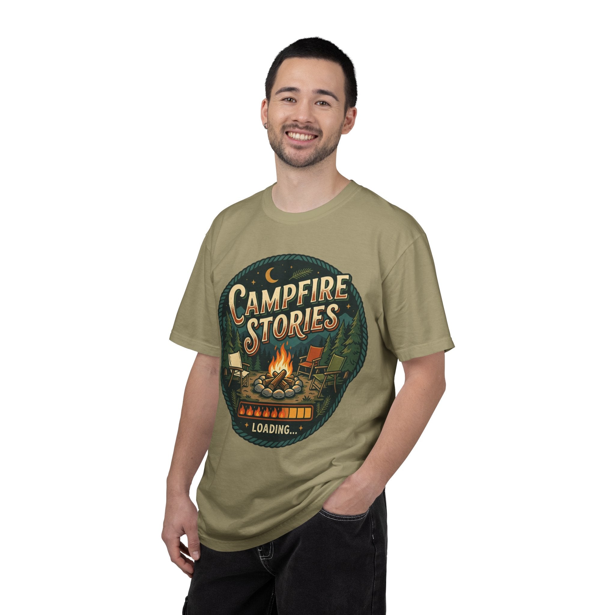 Campfire Stories T-Shirt — Vintage Camping Graphic Tee ("Campfire Stories" Loading)