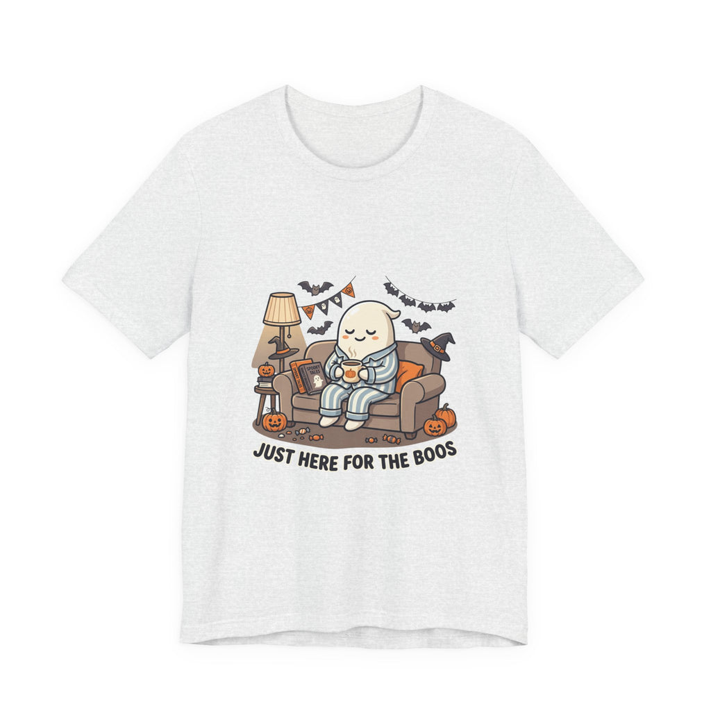 Halloween Ghost Tee — "Just Here for the Boos" Cute Spooky Graphic Shirt