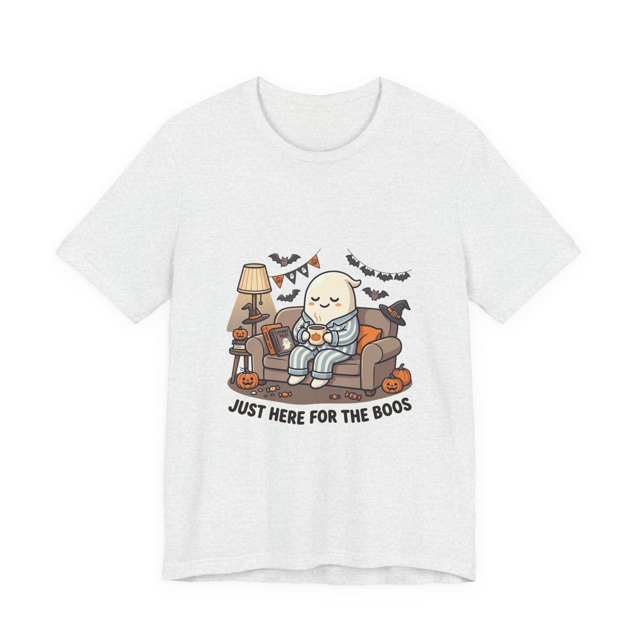 Halloween Ghost Tee — "Just Here for the Boos" Cute Spooky Graphic Shirt