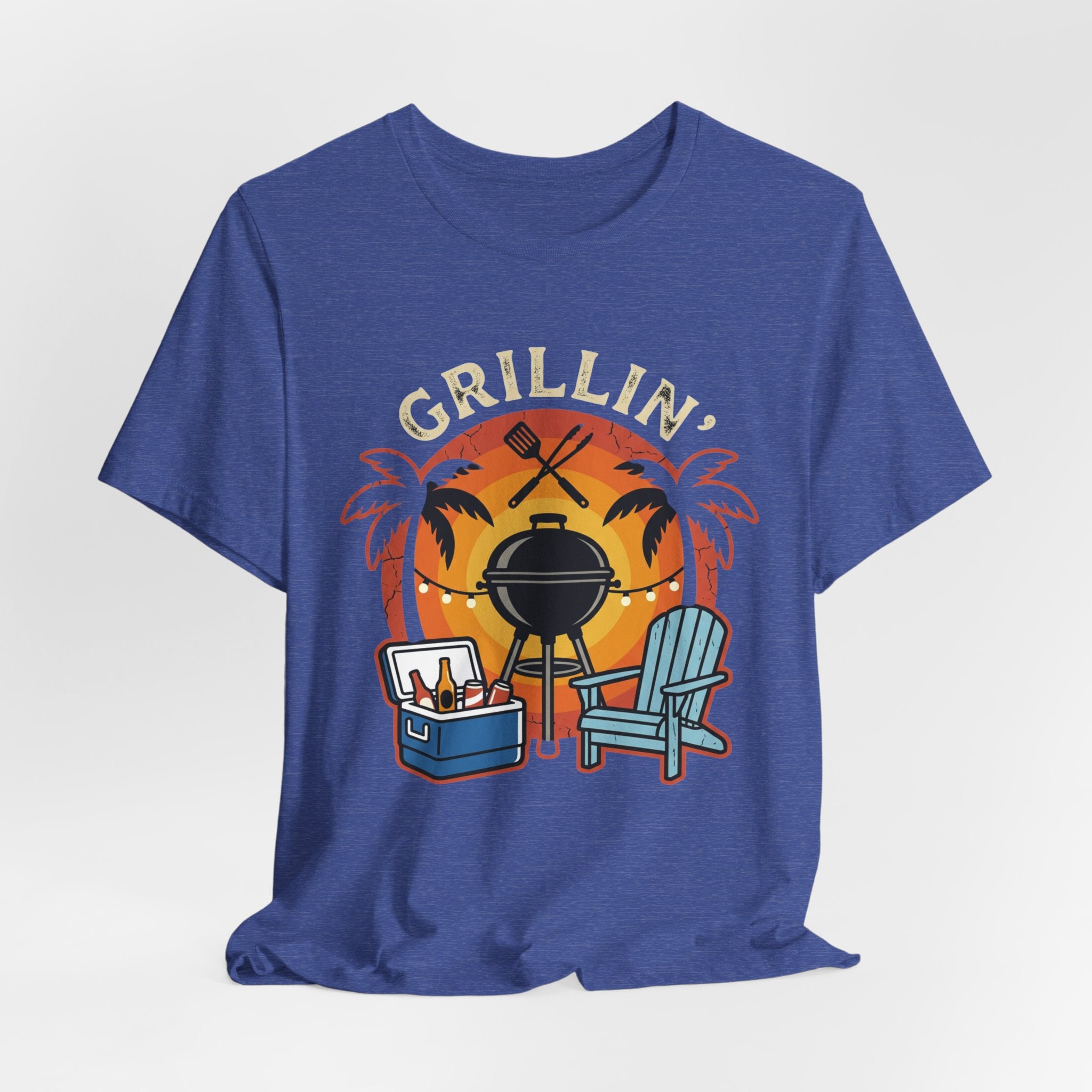 Grillin' Beach Sunset T-Shirt — BBQ Grill, Cooler & Relaxing Palm Design