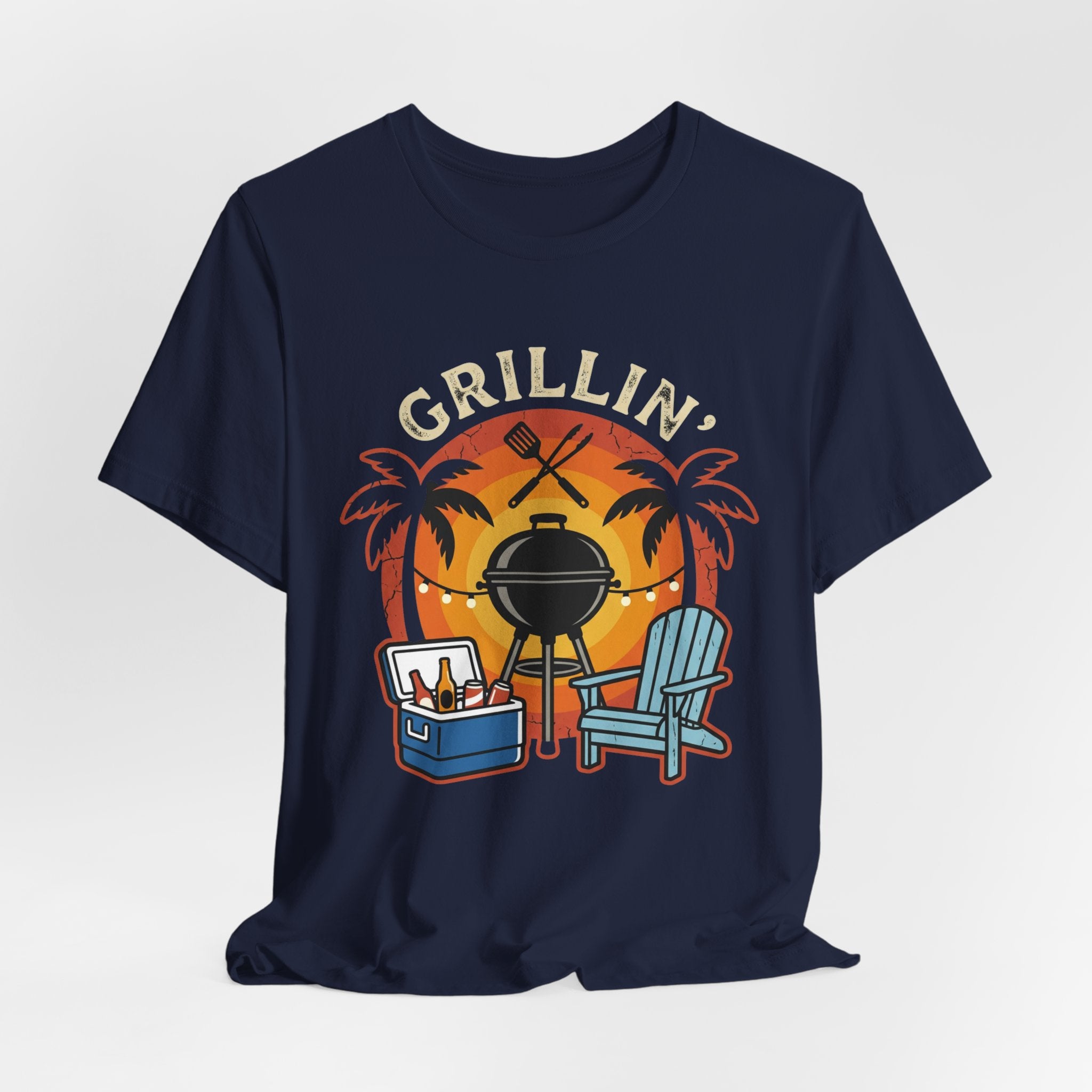 Grillin' Beach Sunset T-Shirt — BBQ Grill, Cooler & Relaxing Palm Design
