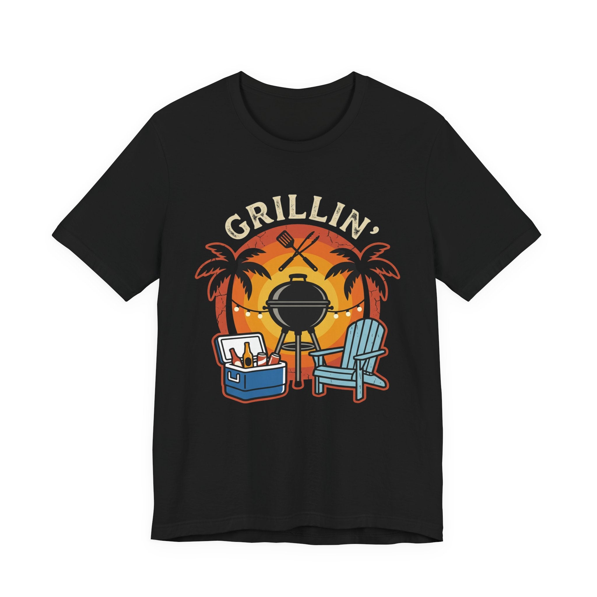 Grillin' Beach Sunset T-Shirt — BBQ Grill, Cooler & Relaxing Palm Design