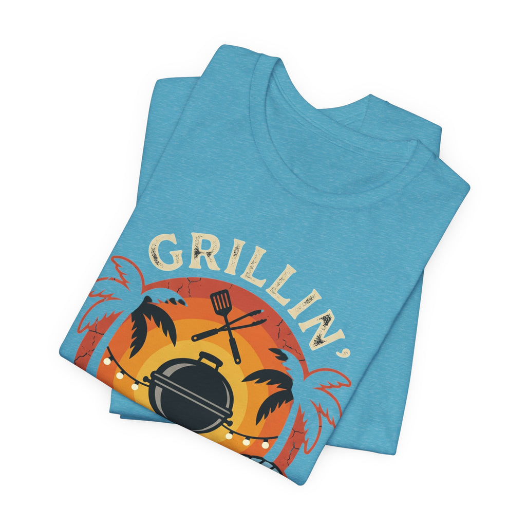 Grillin' Beach Sunset T-Shirt — BBQ Grill, Cooler & Relaxing Palm Design