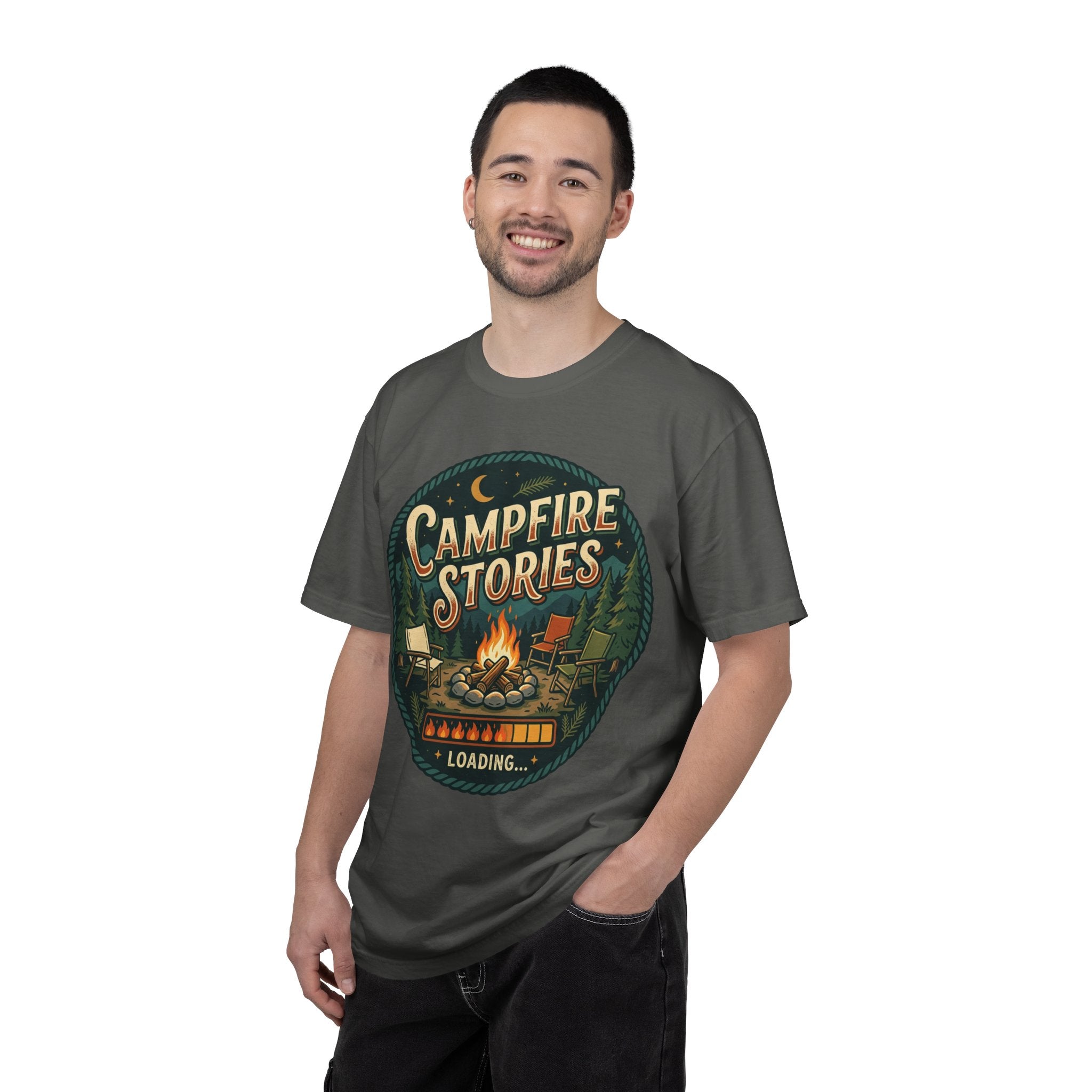 Campfire Stories T-Shirt — Vintage Camping Graphic Tee ("Campfire Stories" Loading)