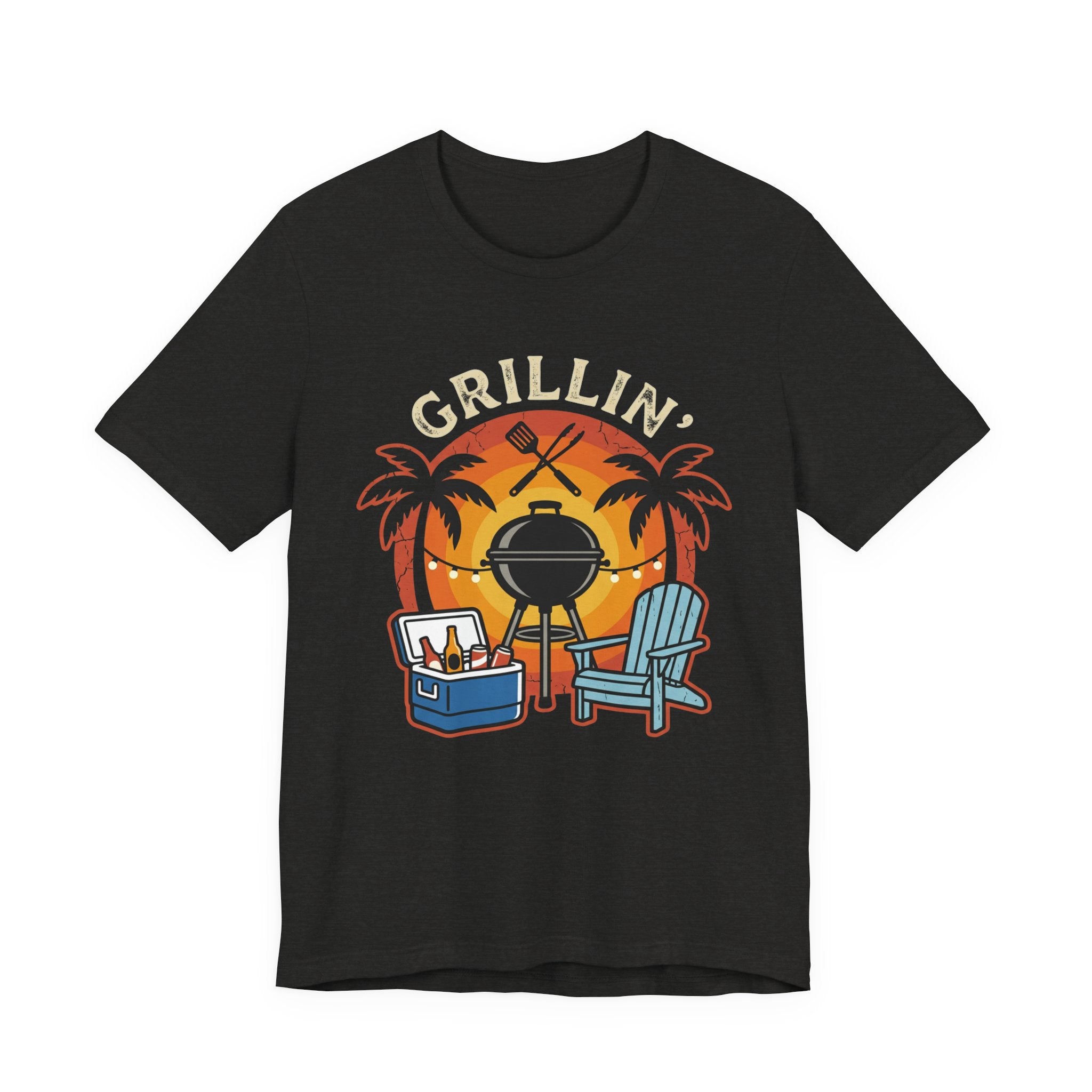 Grillin' Beach Sunset T-Shirt — BBQ Grill, Cooler & Relaxing Palm Design