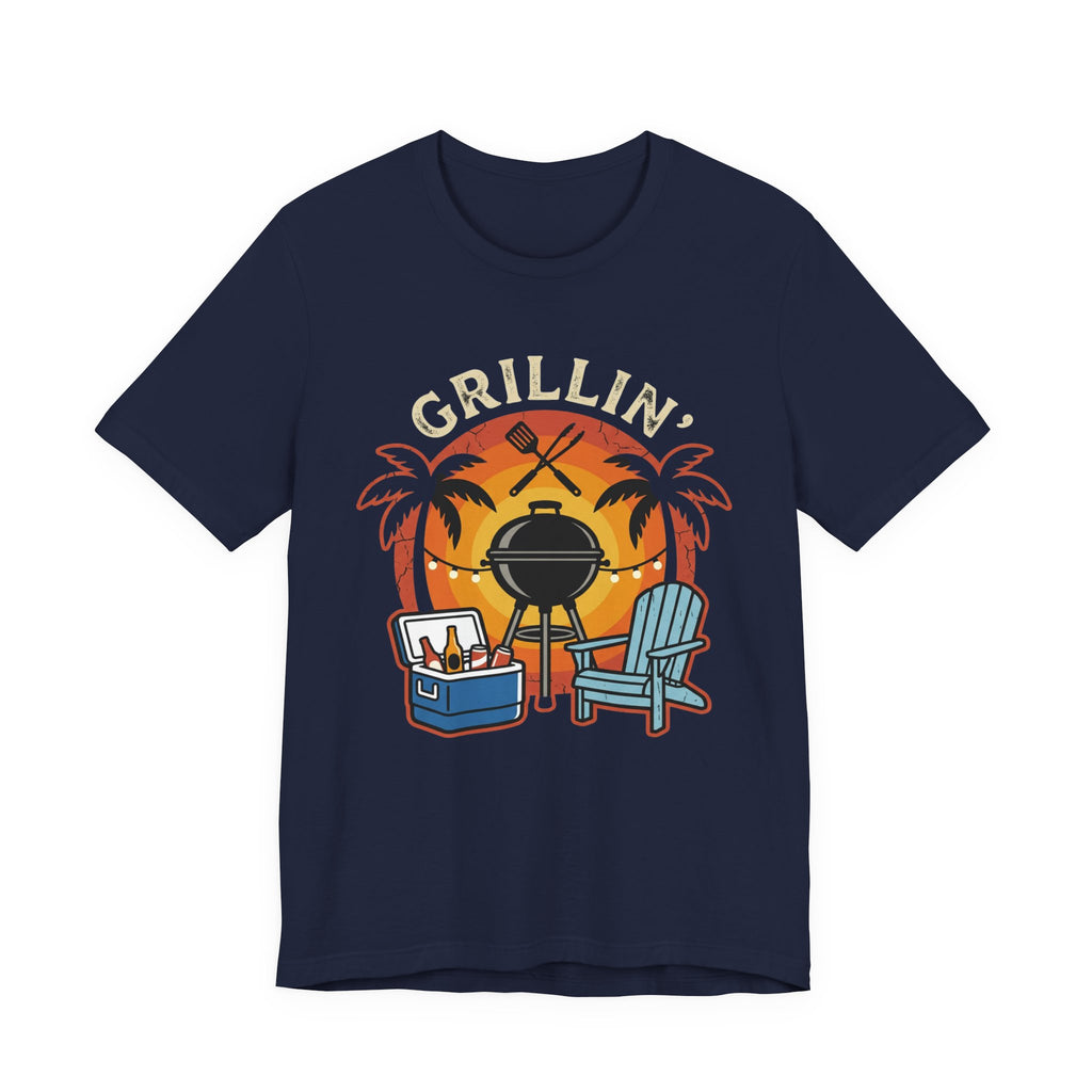 Grillin' Beach Sunset T-Shirt — BBQ Grill, Cooler & Relaxing Palm Design