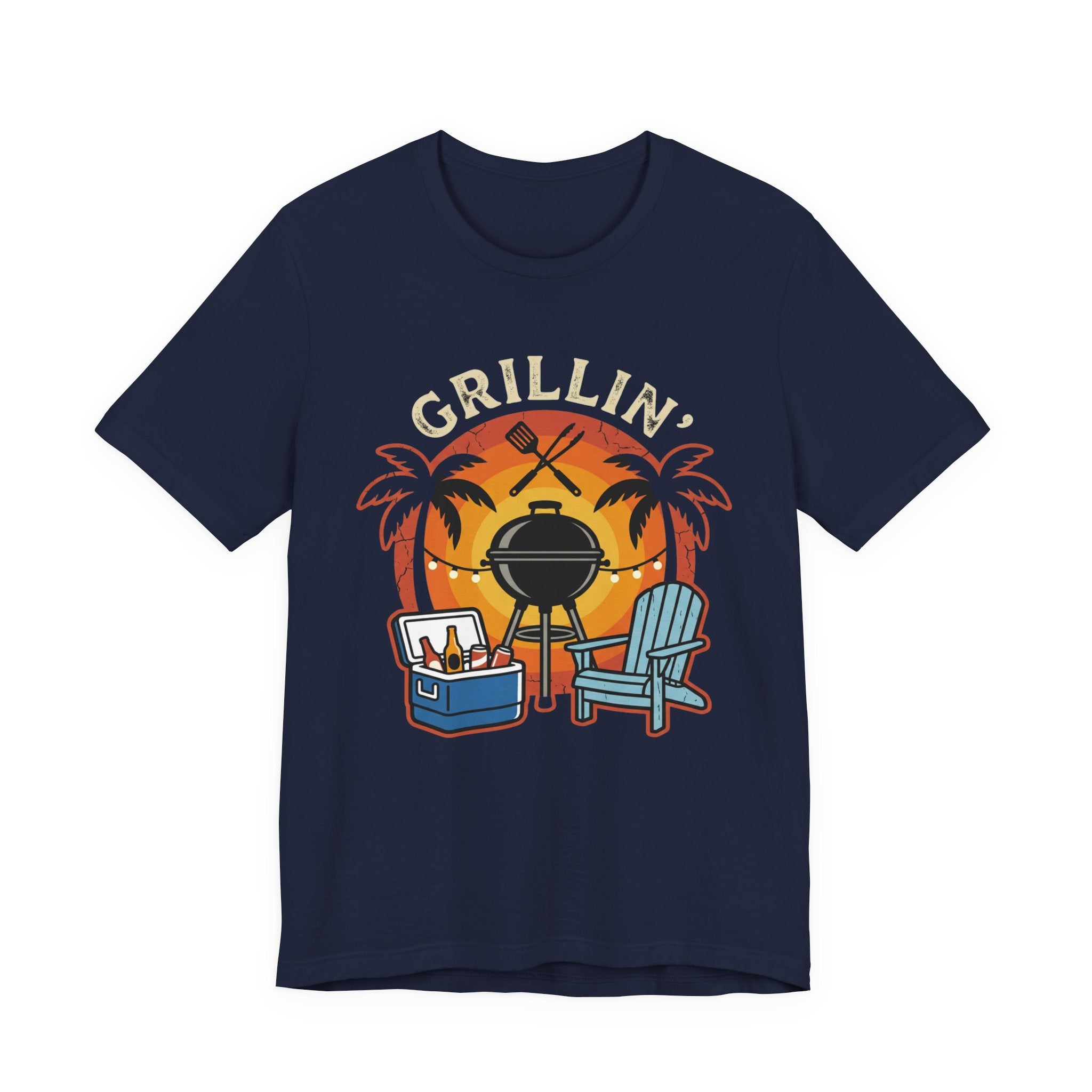 Grillin' Beach Sunset T-Shirt — BBQ Grill, Cooler & Relaxing Palm Design