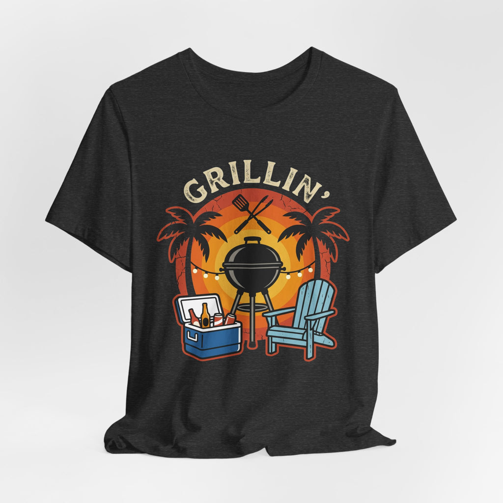 Grillin' Beach Sunset T-Shirt — BBQ Grill, Cooler & Relaxing Palm Design