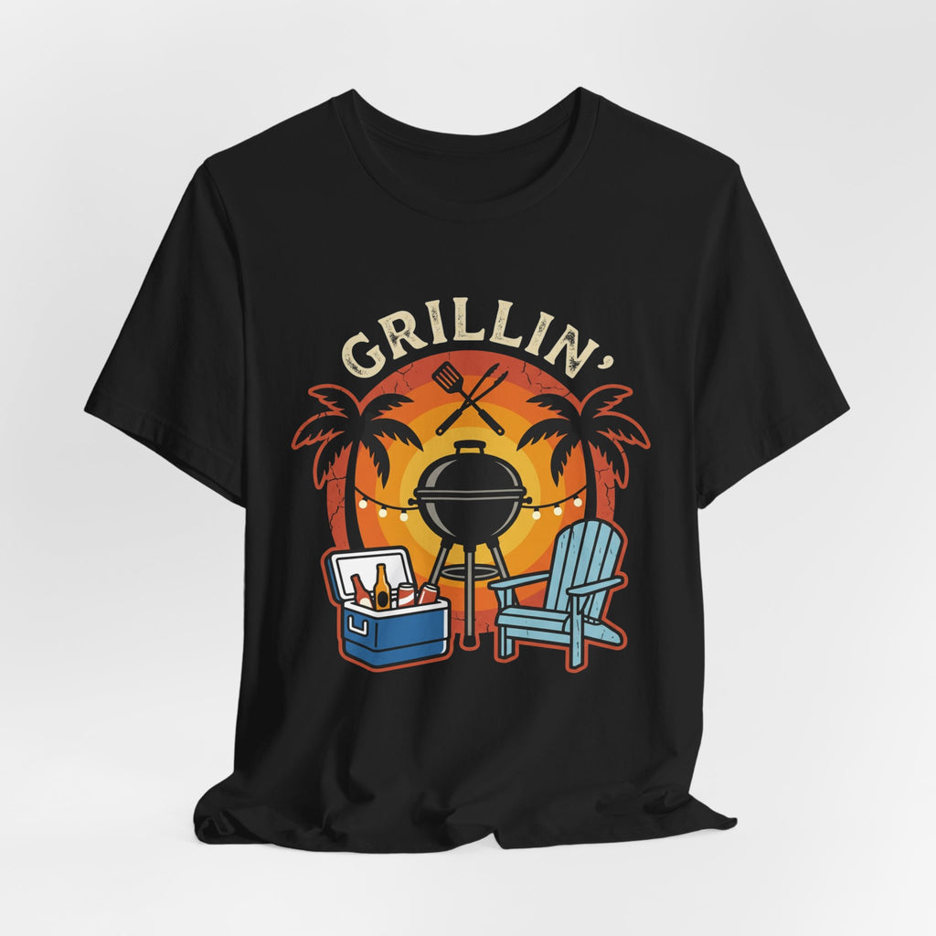 Grillin' Beach Sunset T-Shirt — BBQ Grill, Cooler & Relaxing Palm Design