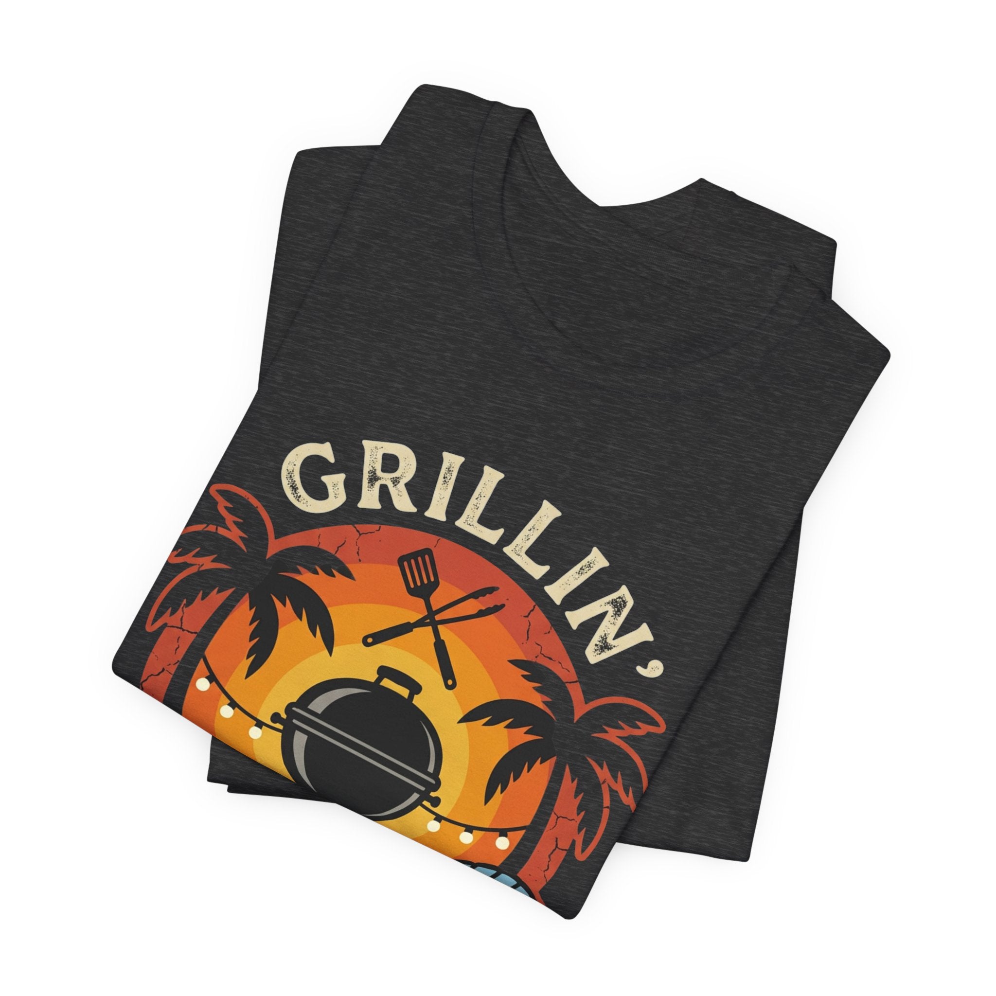 Grillin' Beach Sunset T-Shirt — BBQ Grill, Cooler & Relaxing Palm Design