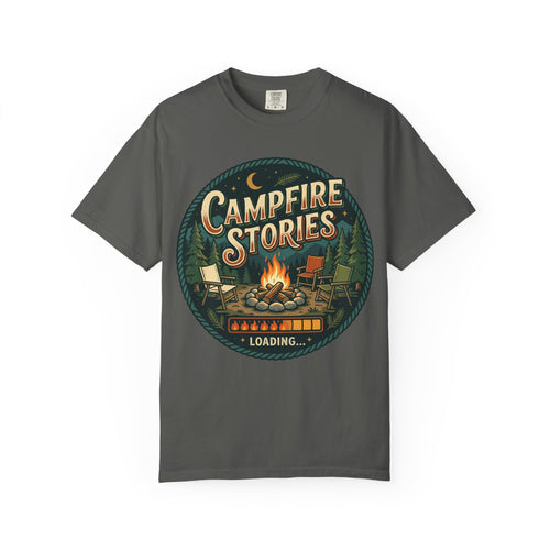 Campfire Stories T-Shirt — Vintage Camping Graphic Tee ("Campfire Stories" Loading)