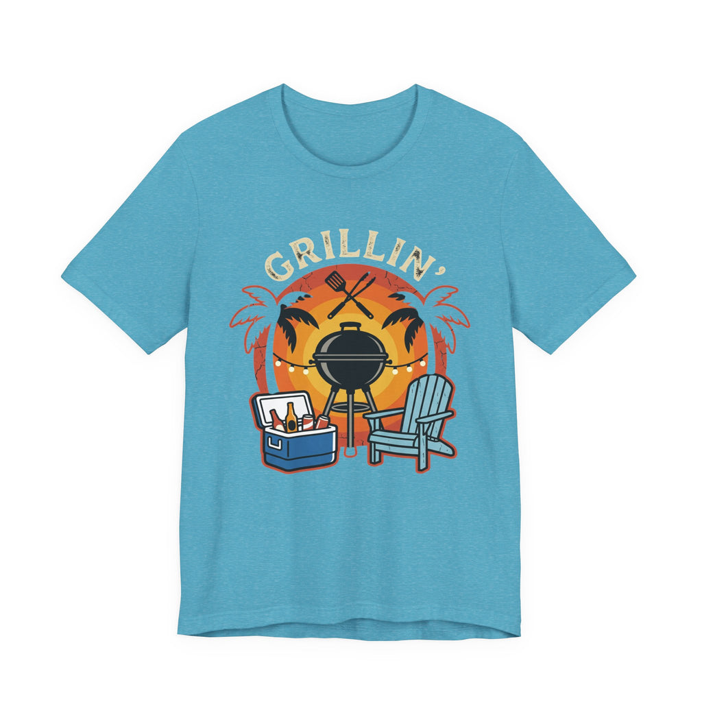 Grillin' Beach Sunset T-Shirt — BBQ Grill, Cooler & Relaxing Palm Design