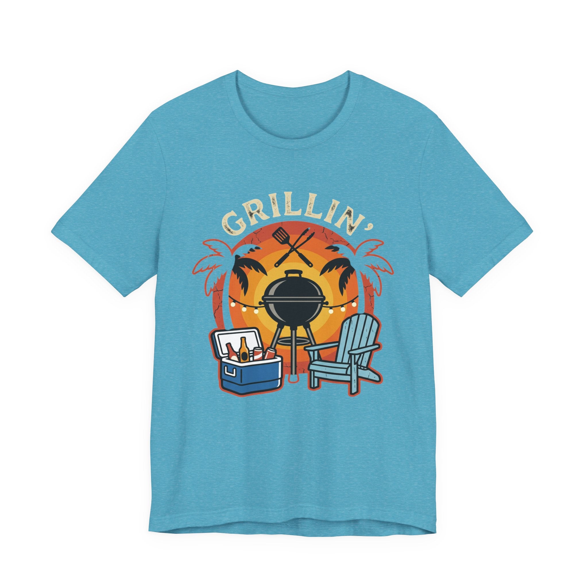 Grillin' Beach Sunset T-Shirt — BBQ Grill, Cooler & Relaxing Palm Design