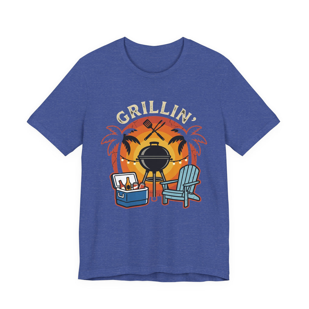 Grillin' Beach Sunset T-Shirt — BBQ Grill, Cooler & Relaxing Palm Design