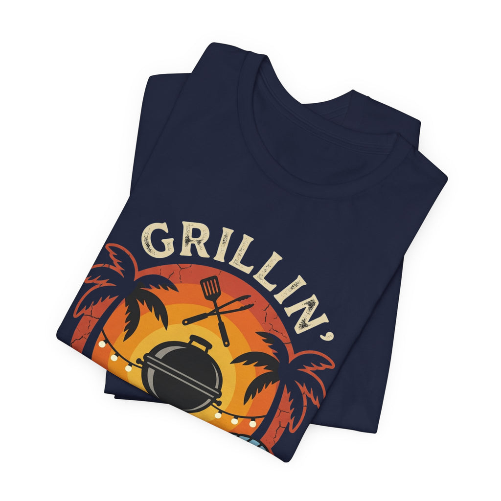 Grillin' Beach Sunset T-Shirt — BBQ Grill, Cooler & Relaxing Palm Design