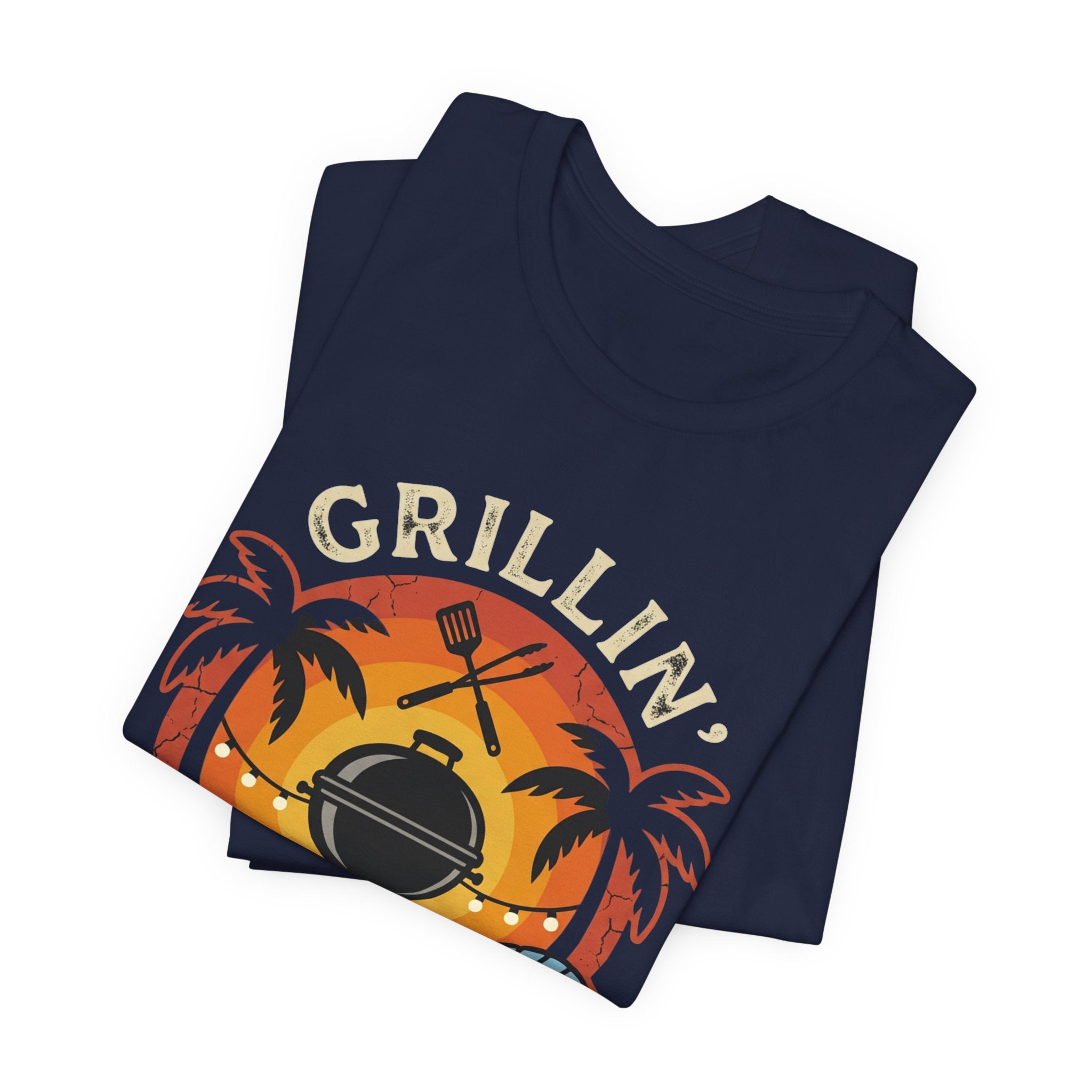 Grillin' Beach Sunset T-Shirt — BBQ Grill, Cooler & Relaxing Palm Design