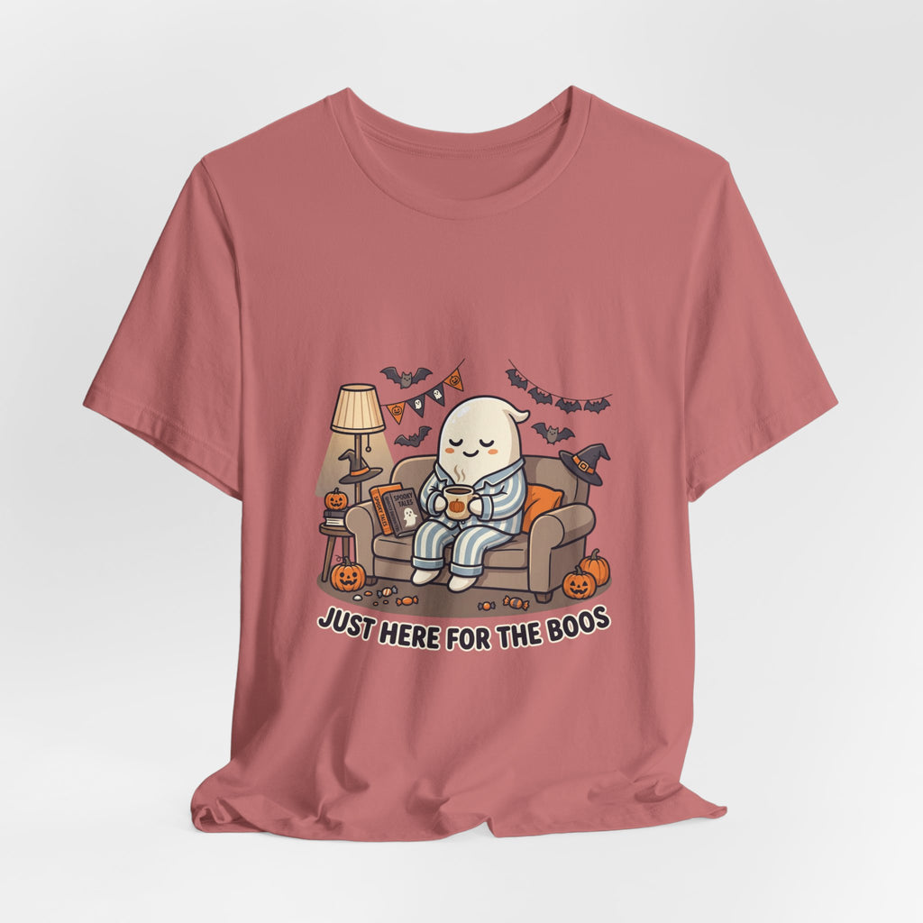 Halloween Ghost Tee — "Just Here for the Boos" Cute Spooky Graphic Shirt