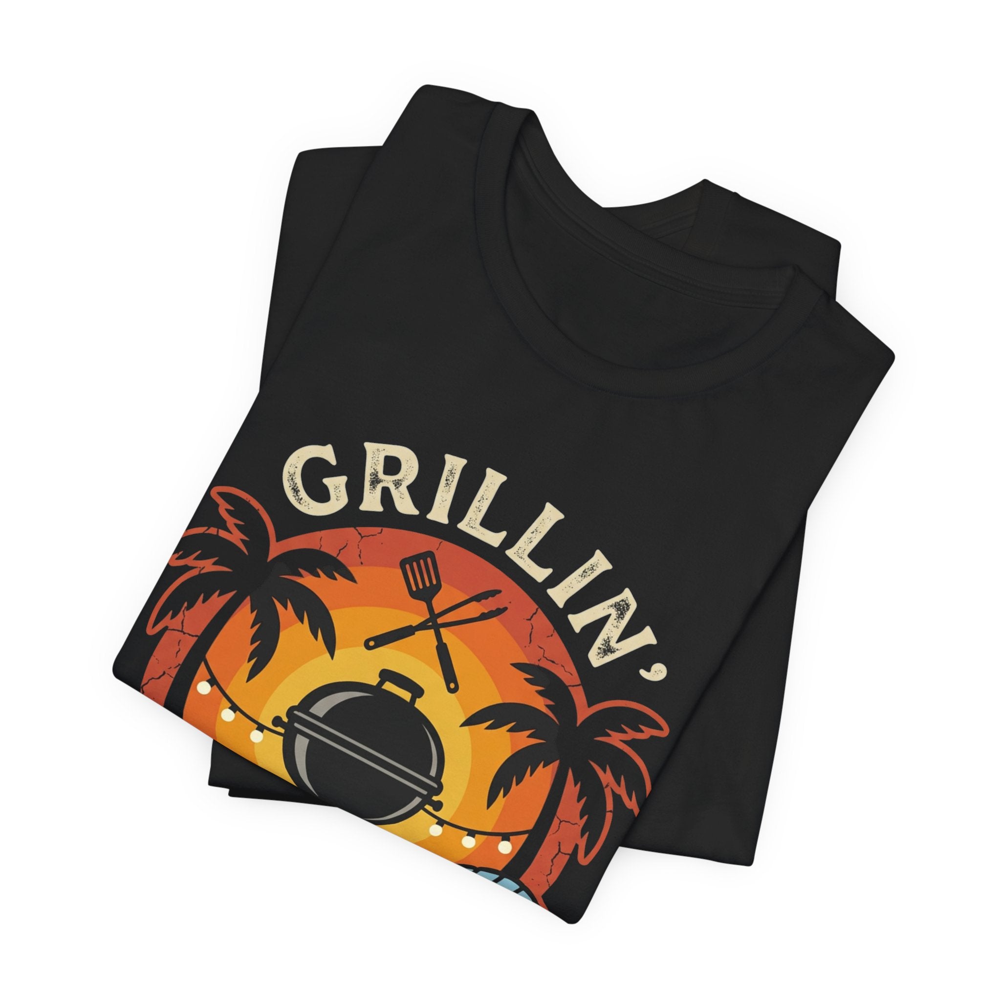 Grillin' Beach Sunset T-Shirt — BBQ Grill, Cooler & Relaxing Palm Design
