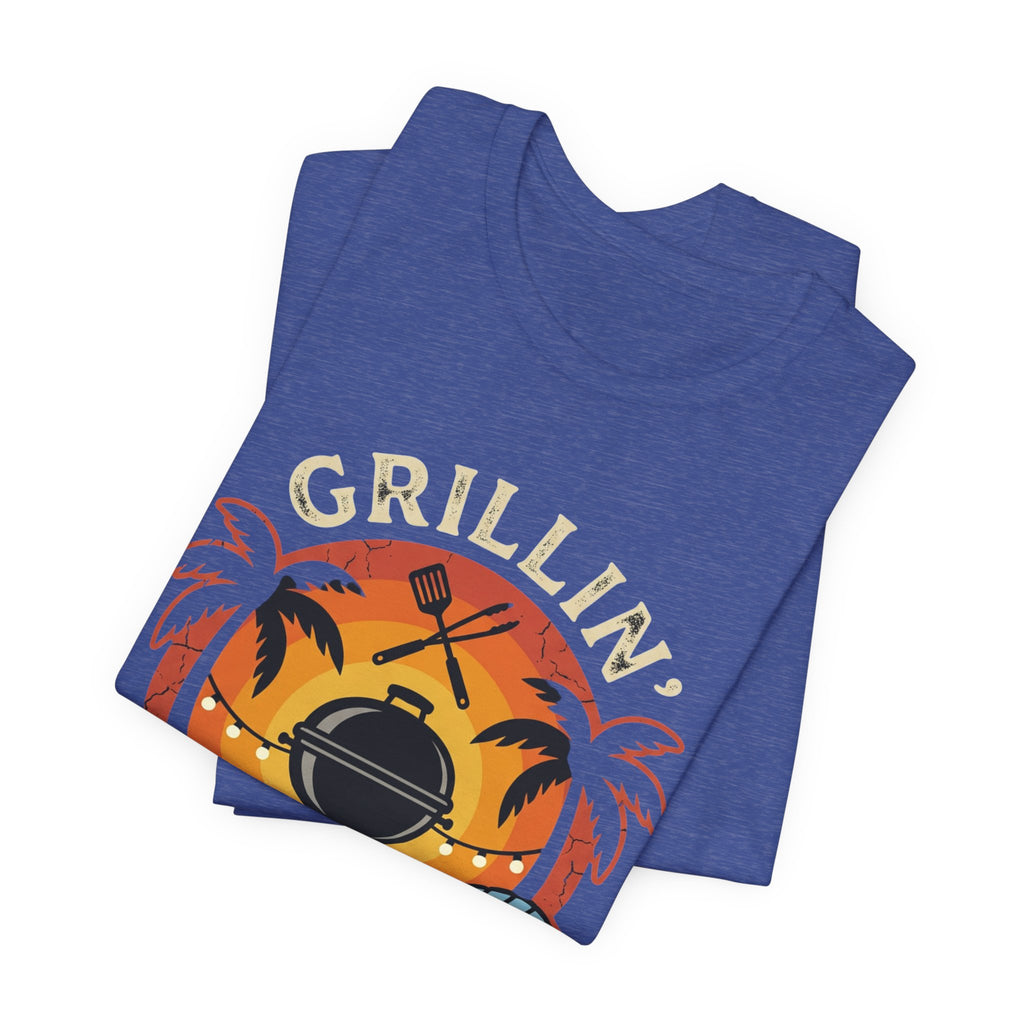 Grillin' Beach Sunset T-Shirt — BBQ Grill, Cooler & Relaxing Palm Design