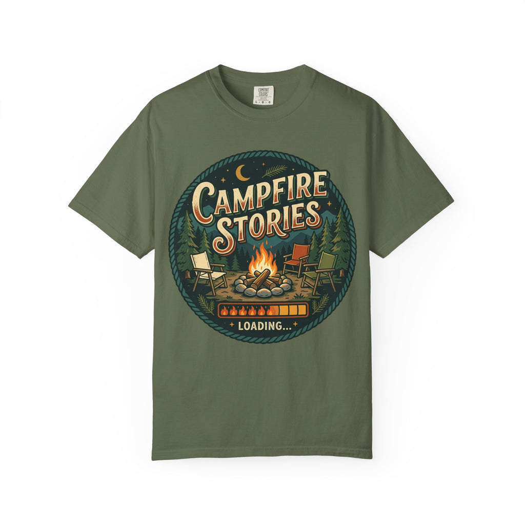 Campfire Stories T-Shirt — Vintage Camping Graphic Tee ("Campfire Stories" Loading)
