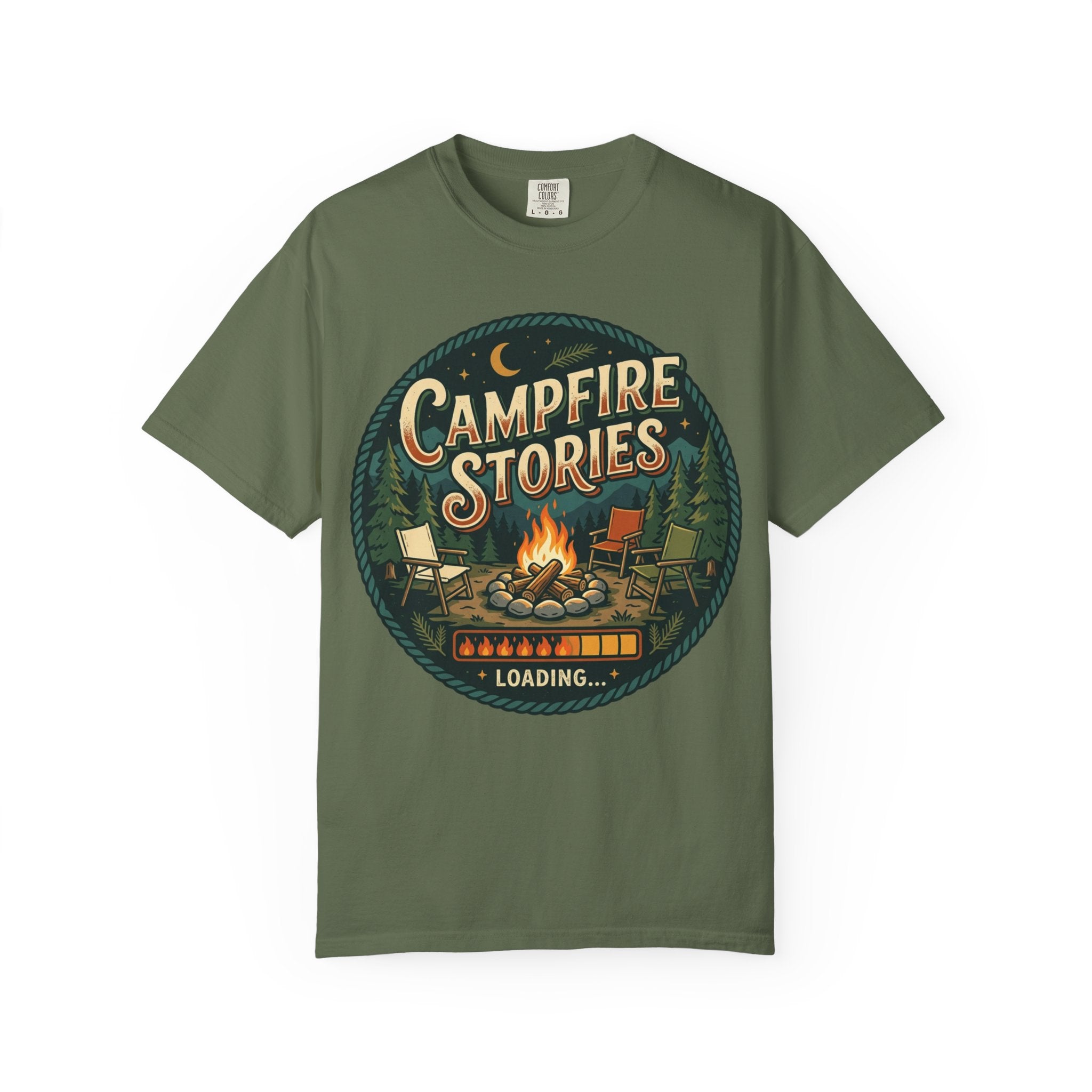 Campfire Stories T-Shirt — Vintage Camping Graphic Tee ("Campfire Stories" Loading)